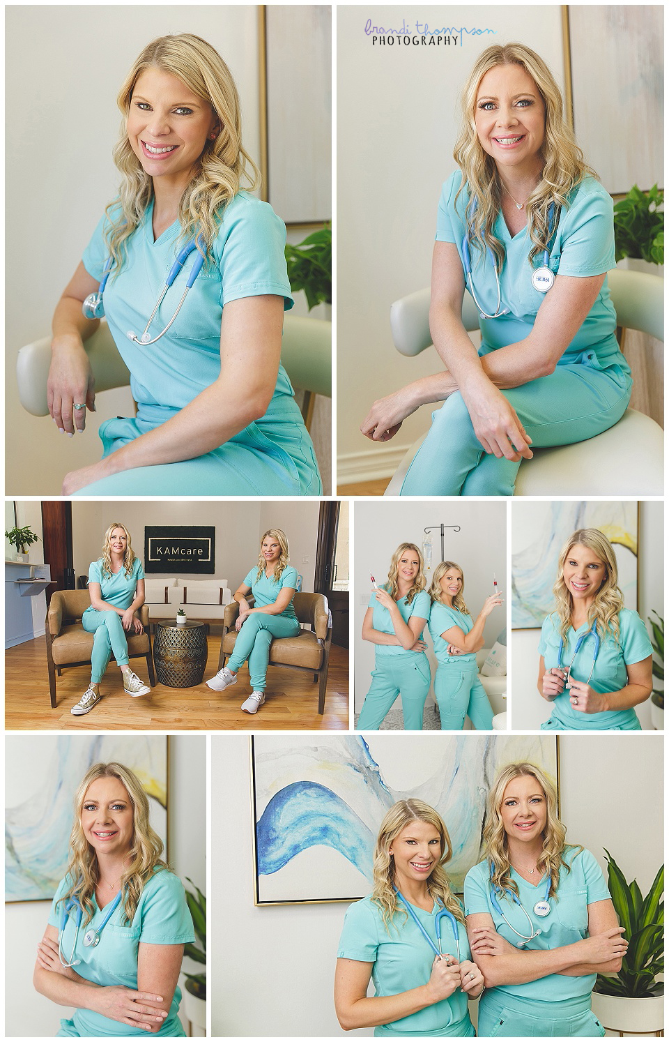 headshots of two white women with blond hair in teal scrubs in a collage of photos, both individual and together