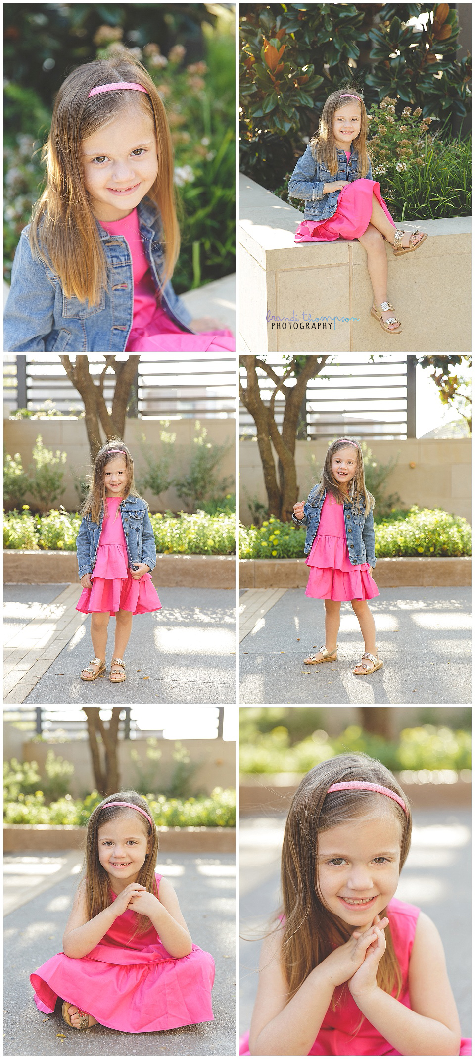 collage of photos of a four year old white girl in a pink dress, and denim jacket
