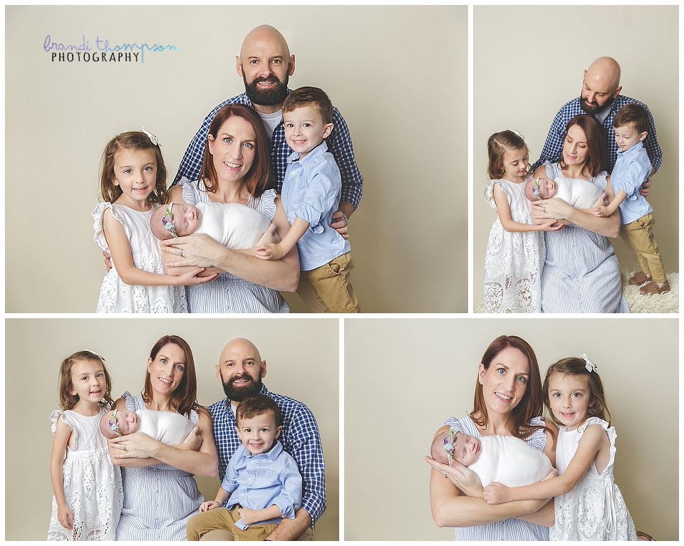 collage of light skinned family of five, mom, dad, daughter, son and infant baby against cream background
