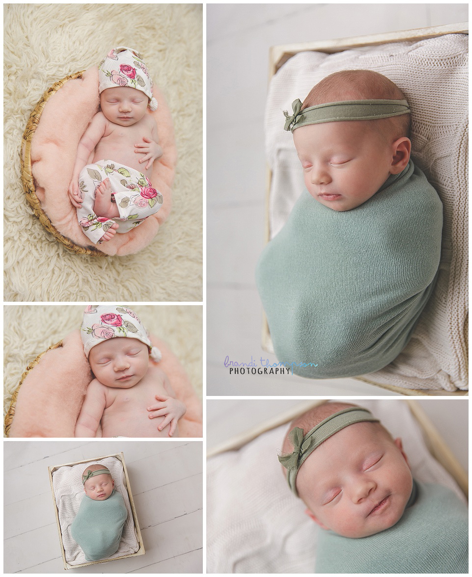 collage of baby girl photos, sleeping in light green and pink with cream