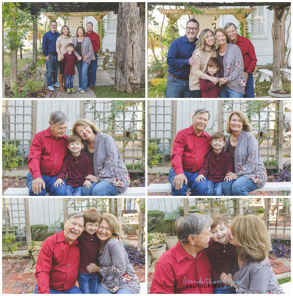 collage of outdoor family photos with mom, dad, and one set of grandparents, with school age boy