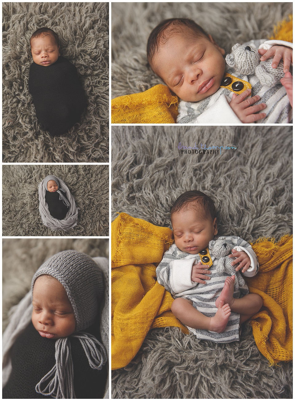 collage of newborn photos of a Black baby boy in gray, black, white and mustard
