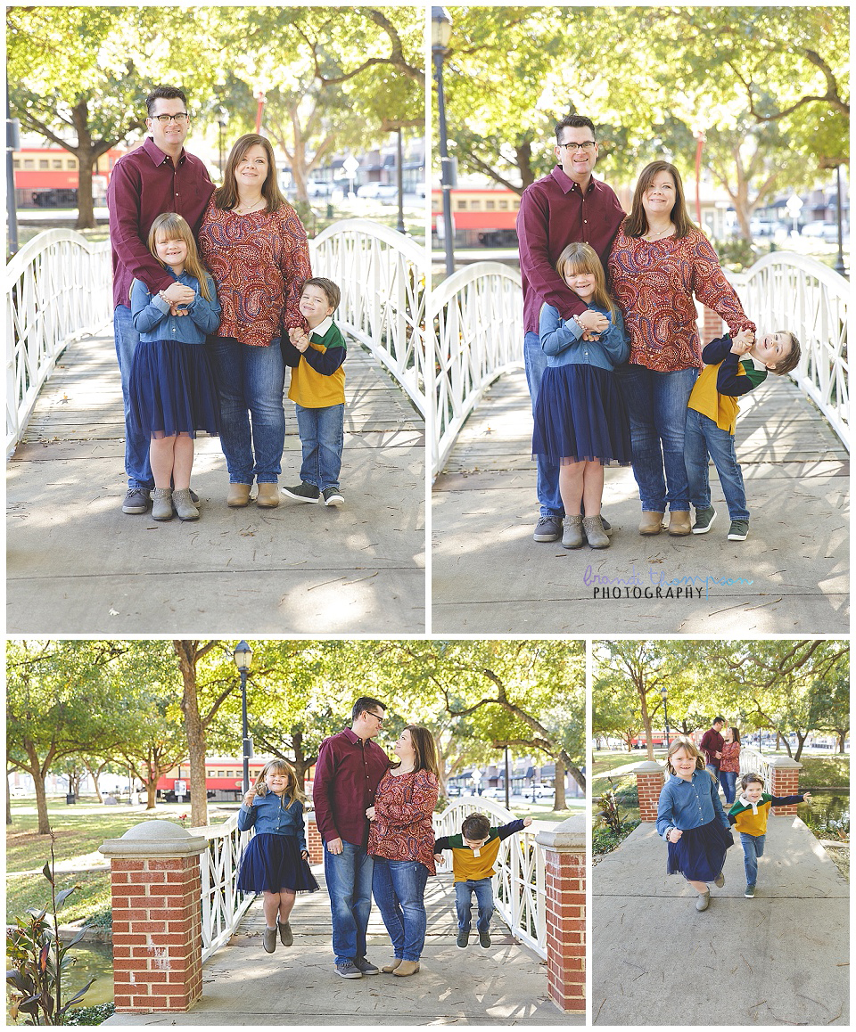 A collage of outdoor family photos of a white family with dad, mom, and school age daughter and son.