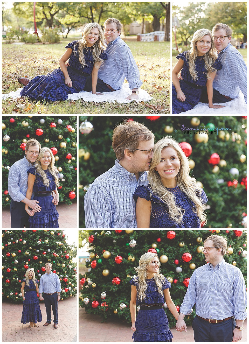 a collage of photos of a white couple dressed in shades of blue in various poses at a park