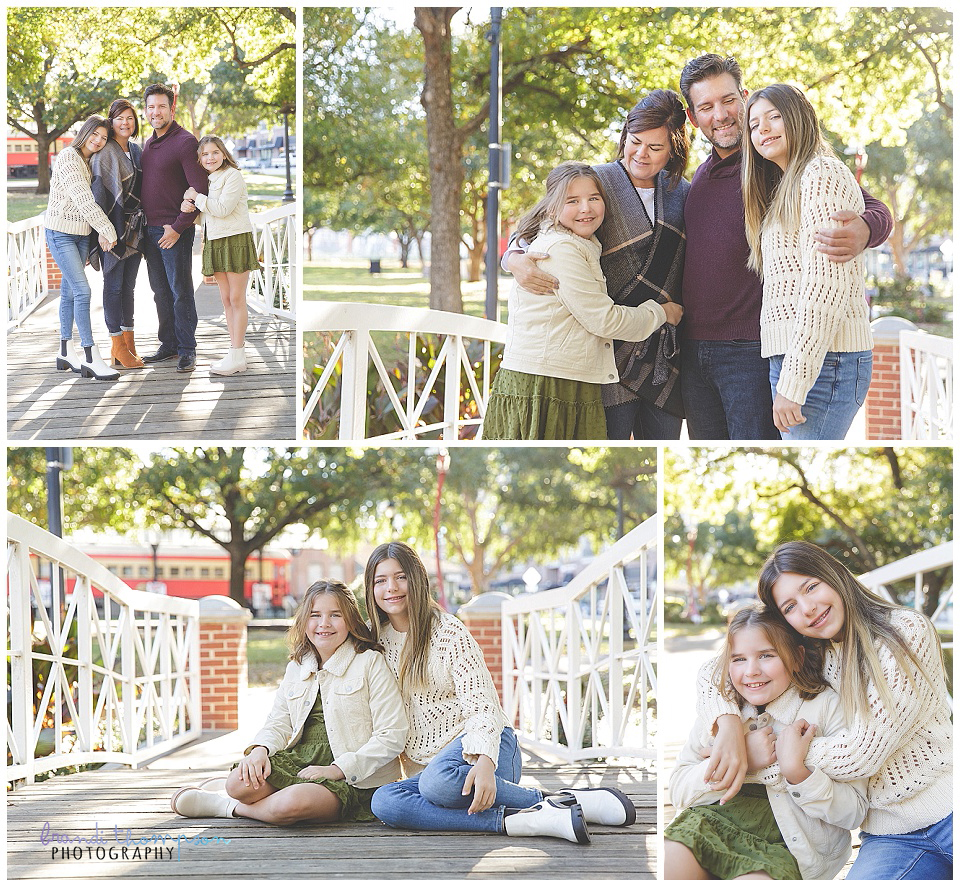 collage of outdoor photos of a white family with mom, dad, teen daughter and young tween daughter. 