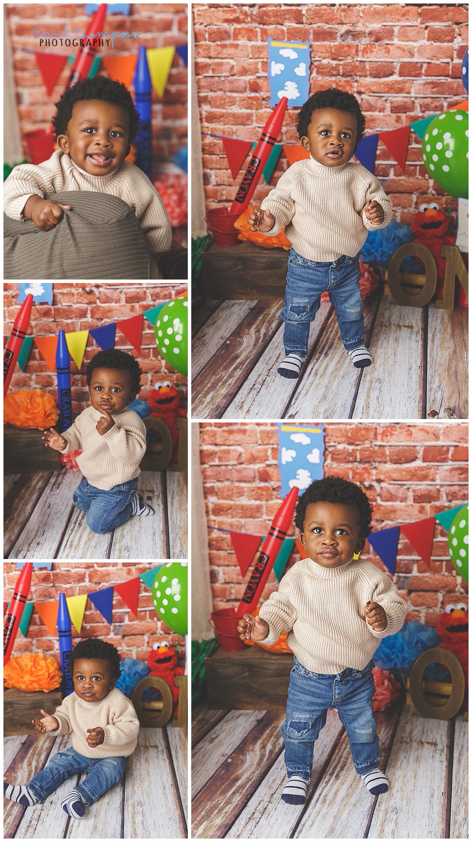 photo collage of one year old Black boy in a red brick and wood floor, elmo inspired backdrop