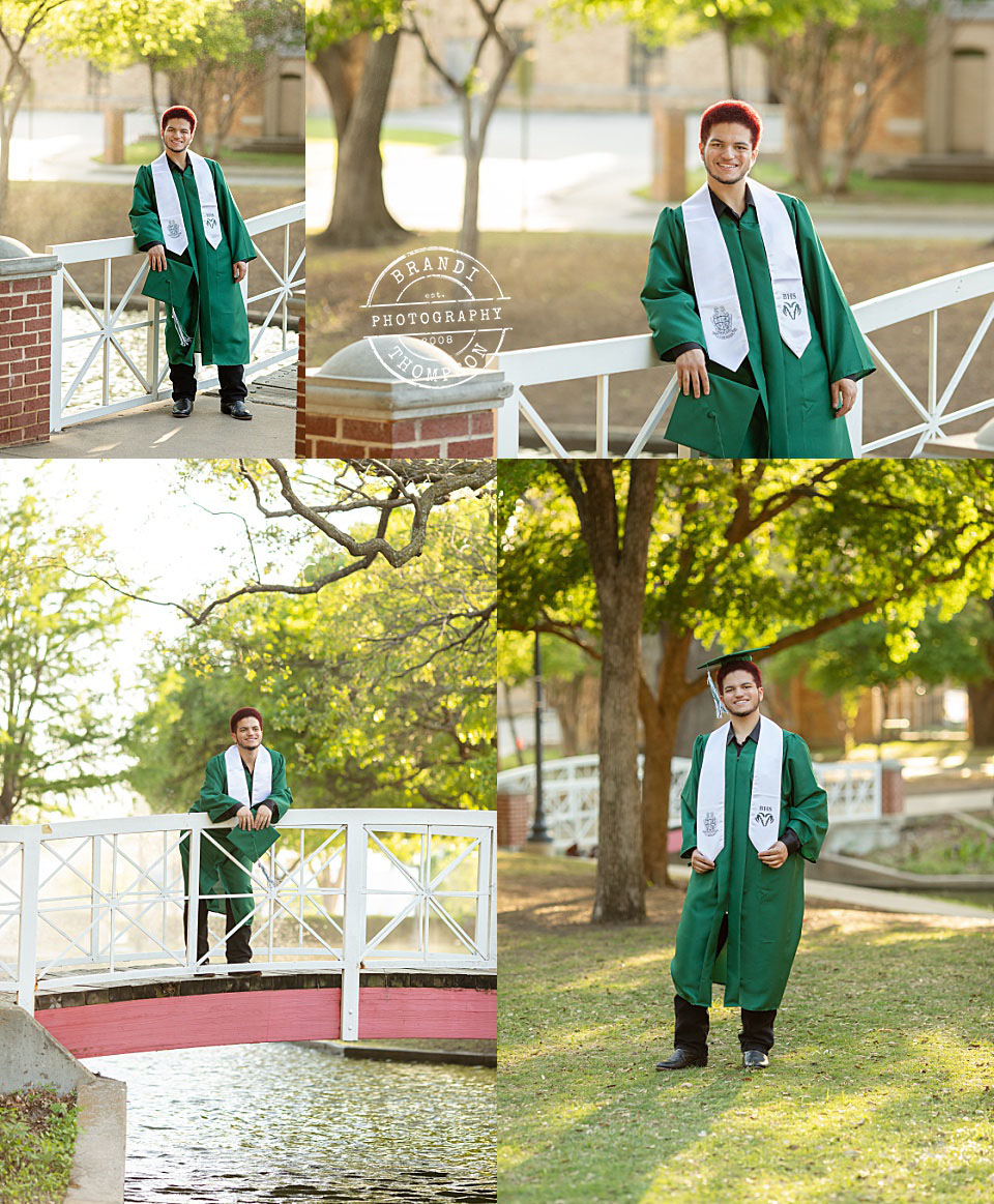 teenage boy in green and white cap and gown at a park in plano texas with grass and a bridge - richardson senior photography