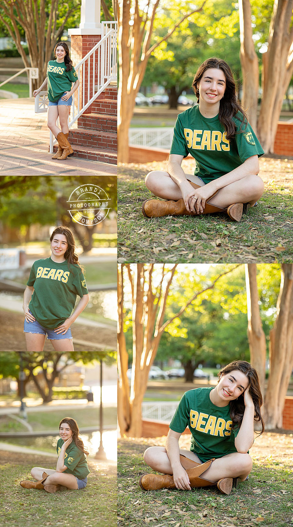 collage of carrollton senior girl outdoors in plano texas, light skin with dark hair and a green BEARS shirt with denim shorts